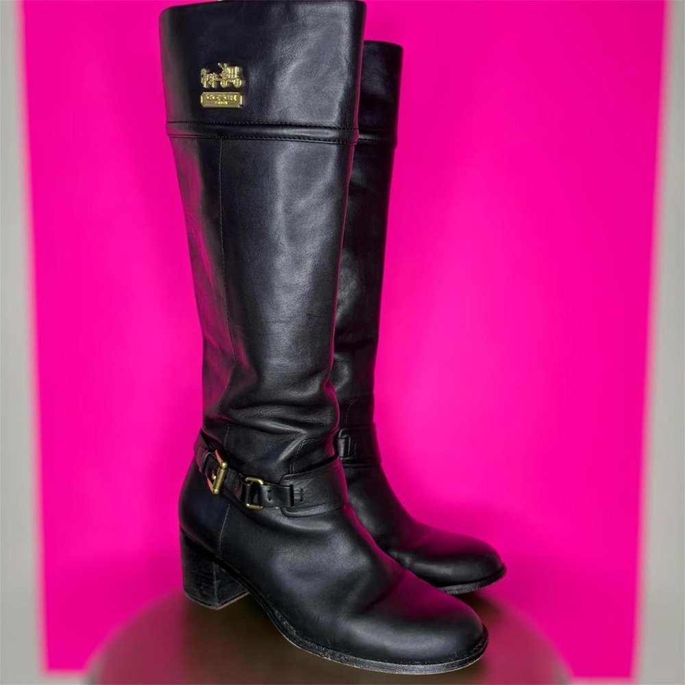 Vintage style Coach Black knee high boots with gold logo & buckle detail